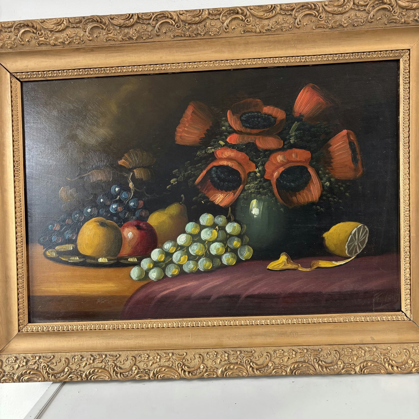 Vintage Oil Painting Still Life "Vibrant Poppies" Grapes Food Art