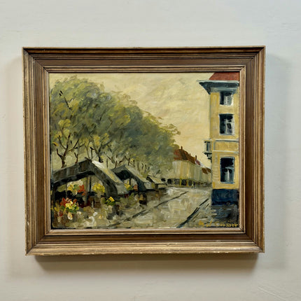 Expressive Dutch Cityscape Oil Painting "Flower Market" Vintage Large Art Holland Art Shop