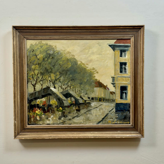 Expressive Dutch Cityscape Oil Painting "Flower Market" Vintage Large Art Holland Art Shop