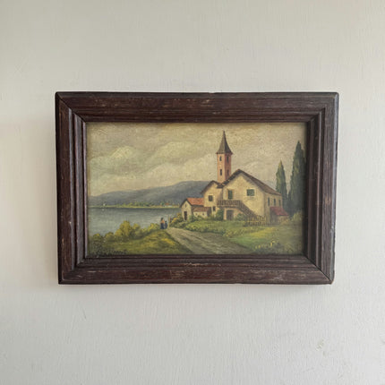 19th Century Antique Landscape Oil Painting "Lakehouse Tower" Small Artwork Holland Art Shop