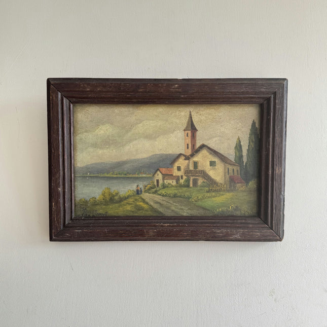 19th Century Antique Landscape Oil Painting "Lakehouse Tower" Small Artwork Holland Art Shop