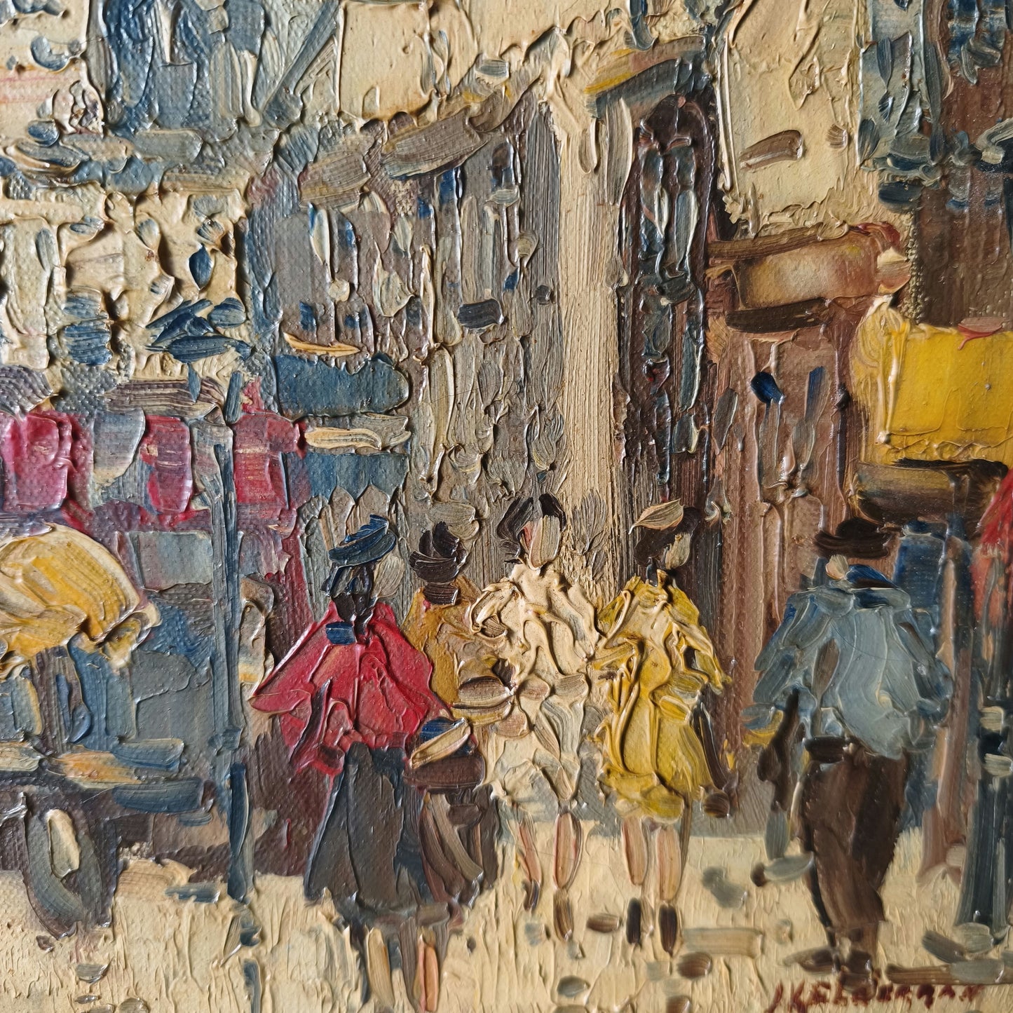 Classic Cityscape Oil Painting "City Stroll" Handcrafted Small Art