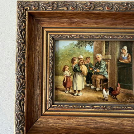 Antique Oil Painting Scenery "Gathering Children" Figurative Small Art Holland Art Shop