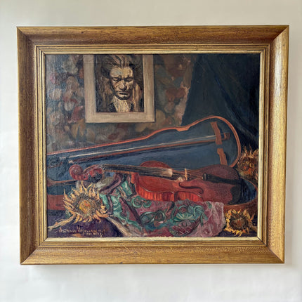 1927 Flowery Still Life Oil Painting "Violin Still" Den Haag Artwork Holland Art Shop
