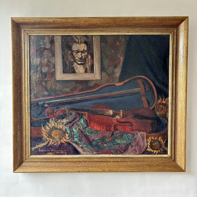 1927 Flowery Still Life Oil Painting "Violin Still" Den Haag Artwork Holland Art Shop