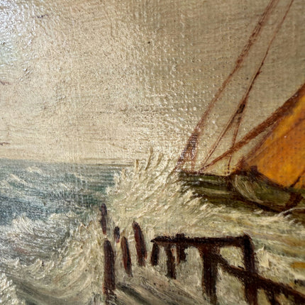 Authentic Seascape Oil Painting "Orange Sailboat" Rustic Small Art Holland Art Shop