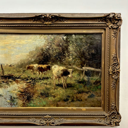 Elegant Animals Oil Painting "Grazing Cows" Vintage Dutch Artwork Holland Art Shop