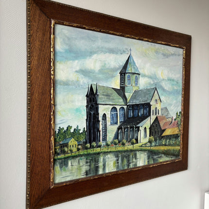 Ca. 1910 Cityscape Oil Painting "Riverside Church" Elegant Artwork Holland Art Shop