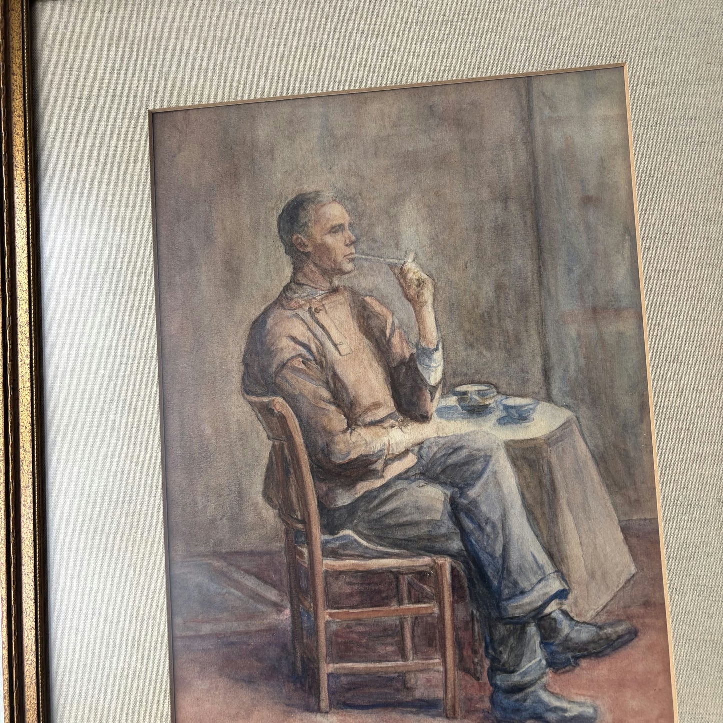 Striking Portrait Aquarel "Thoughtful Man" Vintage Medium Artwork