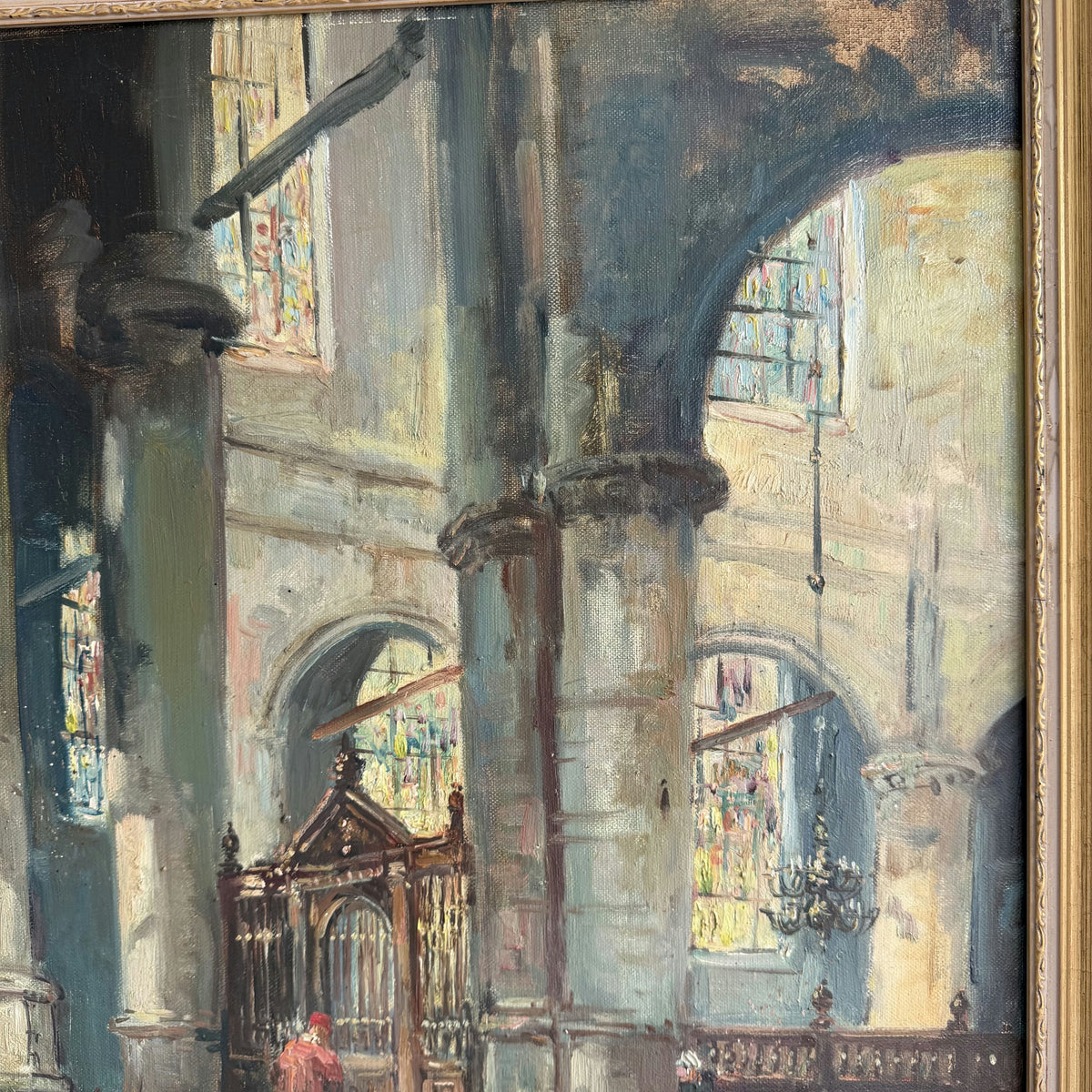 Vintage Church Interior Oil Painting 