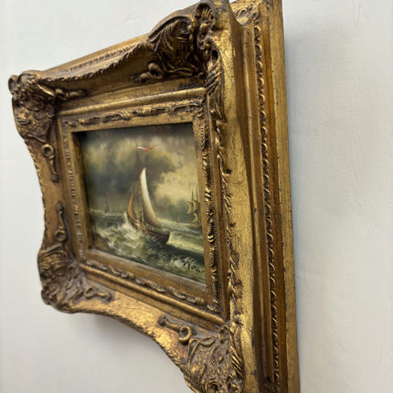 Antique Seascape Oil Painting "Sailing Boat" Original Small Art Holland Art Shop
