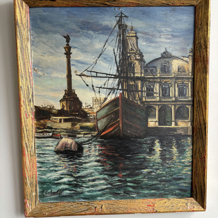 Handcrafted Harbor Scene Oil Painting "Docked Gondola" Original Art Holland Art Shop