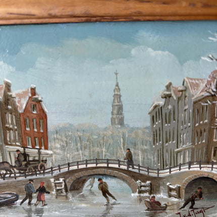 Fine Oil Painting Cityscape "Ice Skating Scene" Vintage Small Artwork Holland Art Shop
