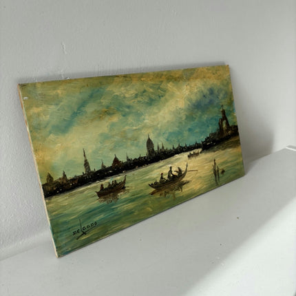 Handcrafted Harbor Scene Oil Painting "Gondola Boats" Refined Small Artwork Holland Art Shop