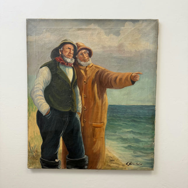 Vintage Portrait Oil Painting "Two Fishermen" Handcrafted Artwork Holland Art Shop