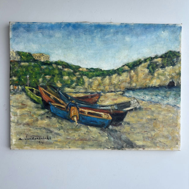 Elegant Seascape Oil Painting "Rowboats Beach" Vintage Artwork Holland Art Shop