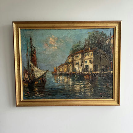Original Harbor Scene Oil Painting "Harbor Boats" Rustic Large Art Holland Art Shop