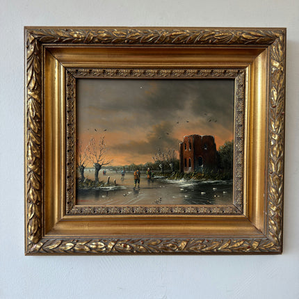 Vintage Oil Painting Winter Landscape "Ice Fishing Scene" Handcrafted Small Art Holland Art Shop