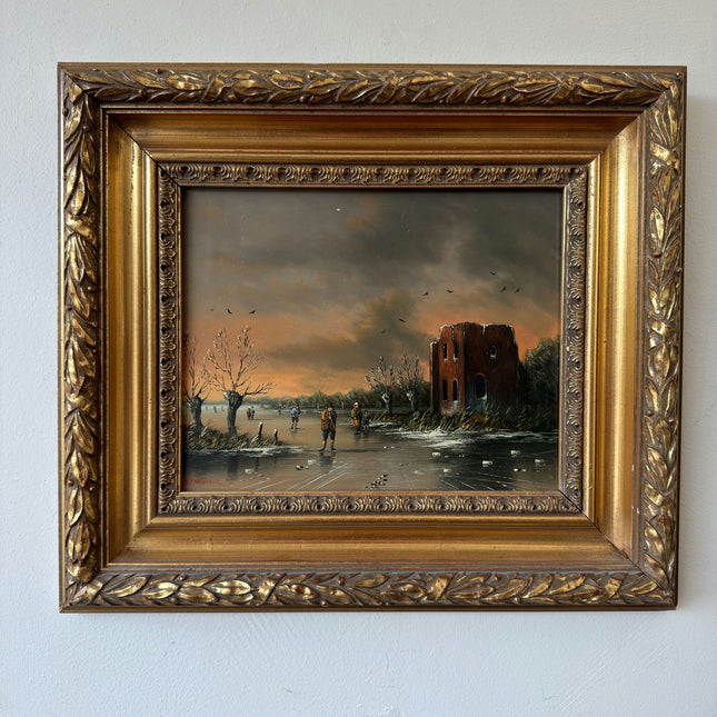 Vintage Oil Painting Winter Landscape "Ice Fishing Scene" Handcrafted Small Art Holland Art Shop