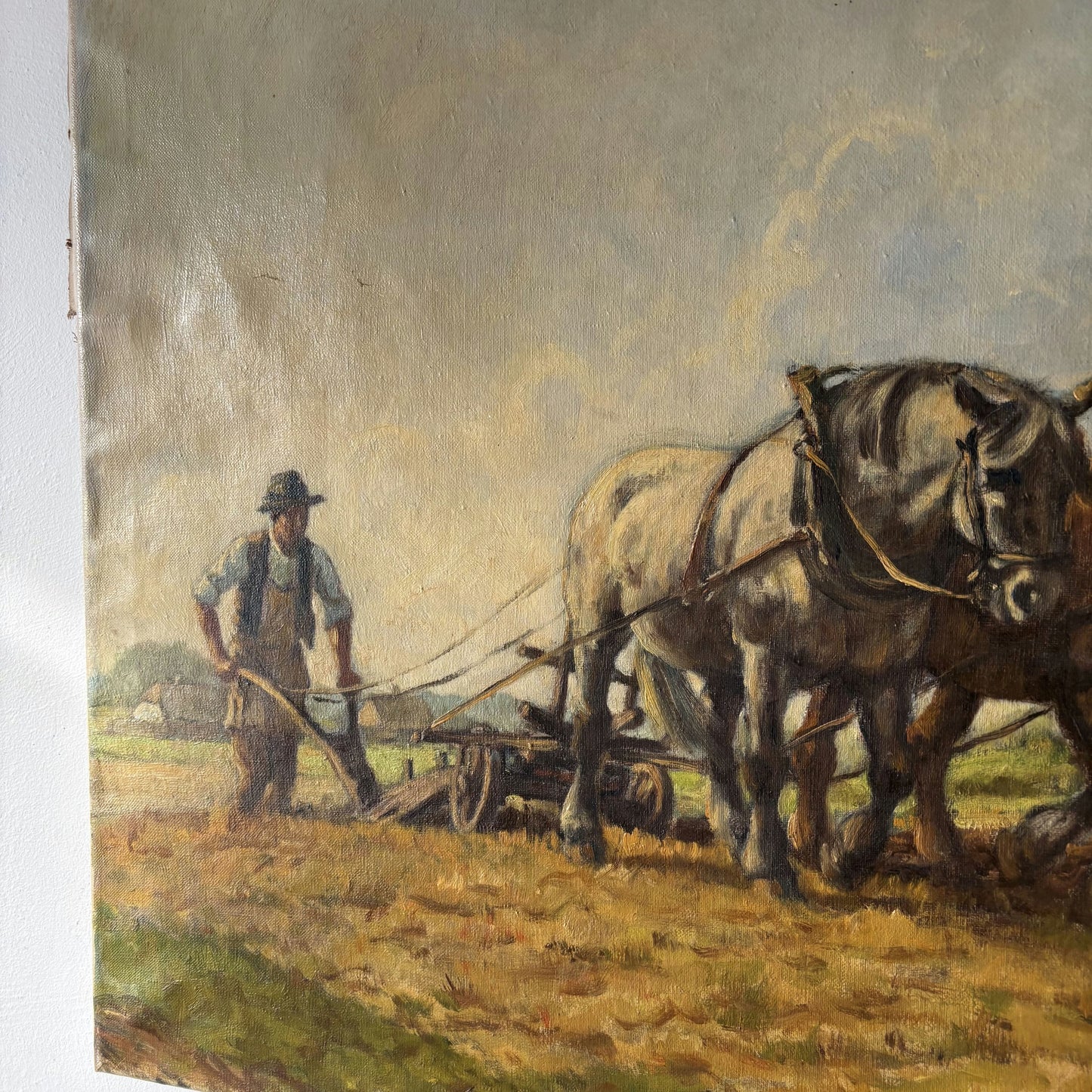 Antique Animals Oil Painting "Plowing Horses" Remarkable Large Artwork