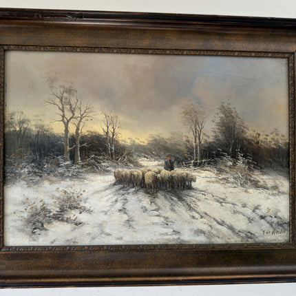 Intriguing Oil Painting Winter Landscape "Shepherd With Sheep" Belgique Art Holland Art Shop