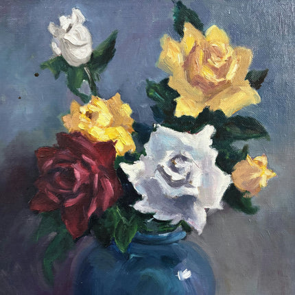 Vintage Floral Still Life Oil Painting "Blue Vase" Rustic Artwork Holland Art Shop