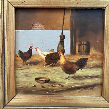 Antique Animals Oil Painting "Barnyard Chickens" Expressive Small Art Holland Art Shop