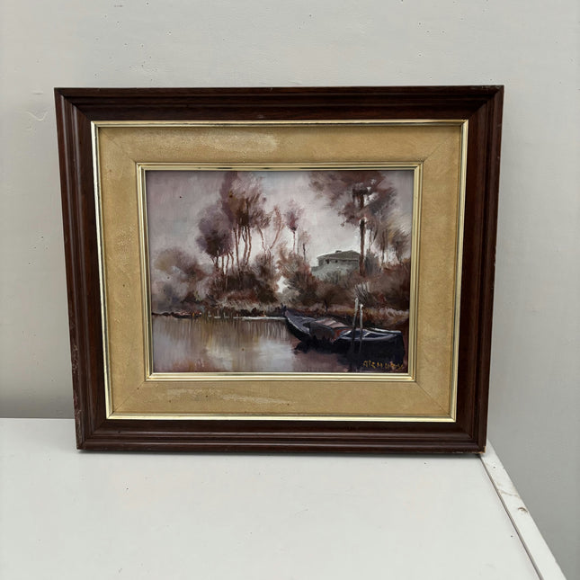 Refined Seascape Oil Painting "Docked Boat" Rustic Small Art Holland Art Shop
