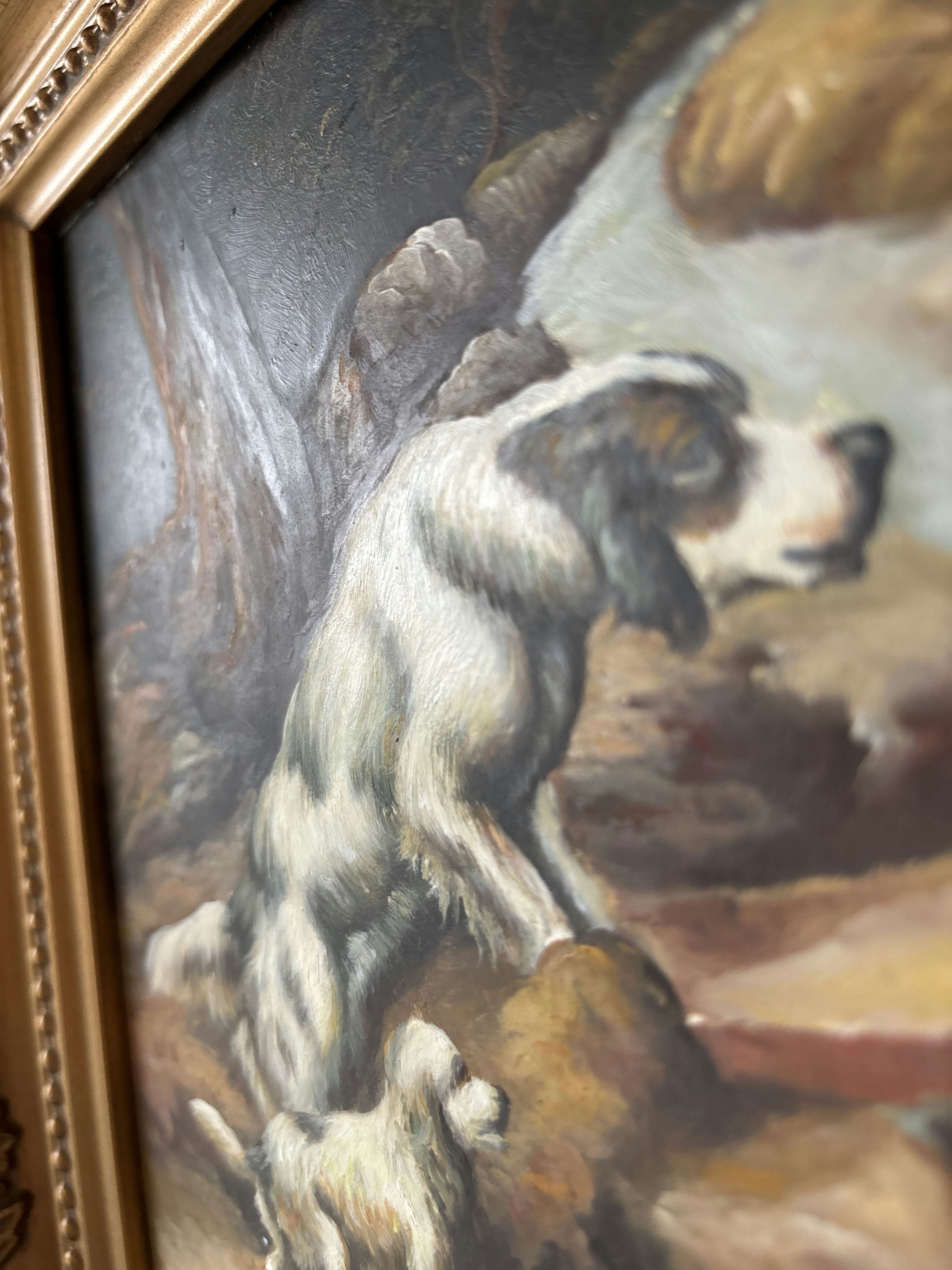 Antique Hand Made Dogs River Rocks Forest Bridge Oil Painting