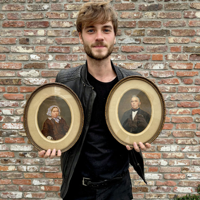 19th Century Antique Portrait Oil Painting "Man Holding Portraits" Small Art Holland Art Shop
