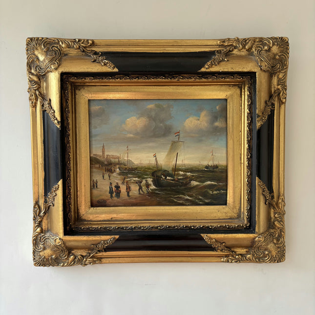 19th Century Antique Harbor Scene Oil Painting "Gilded Frame" Artwork Holland Art Shop