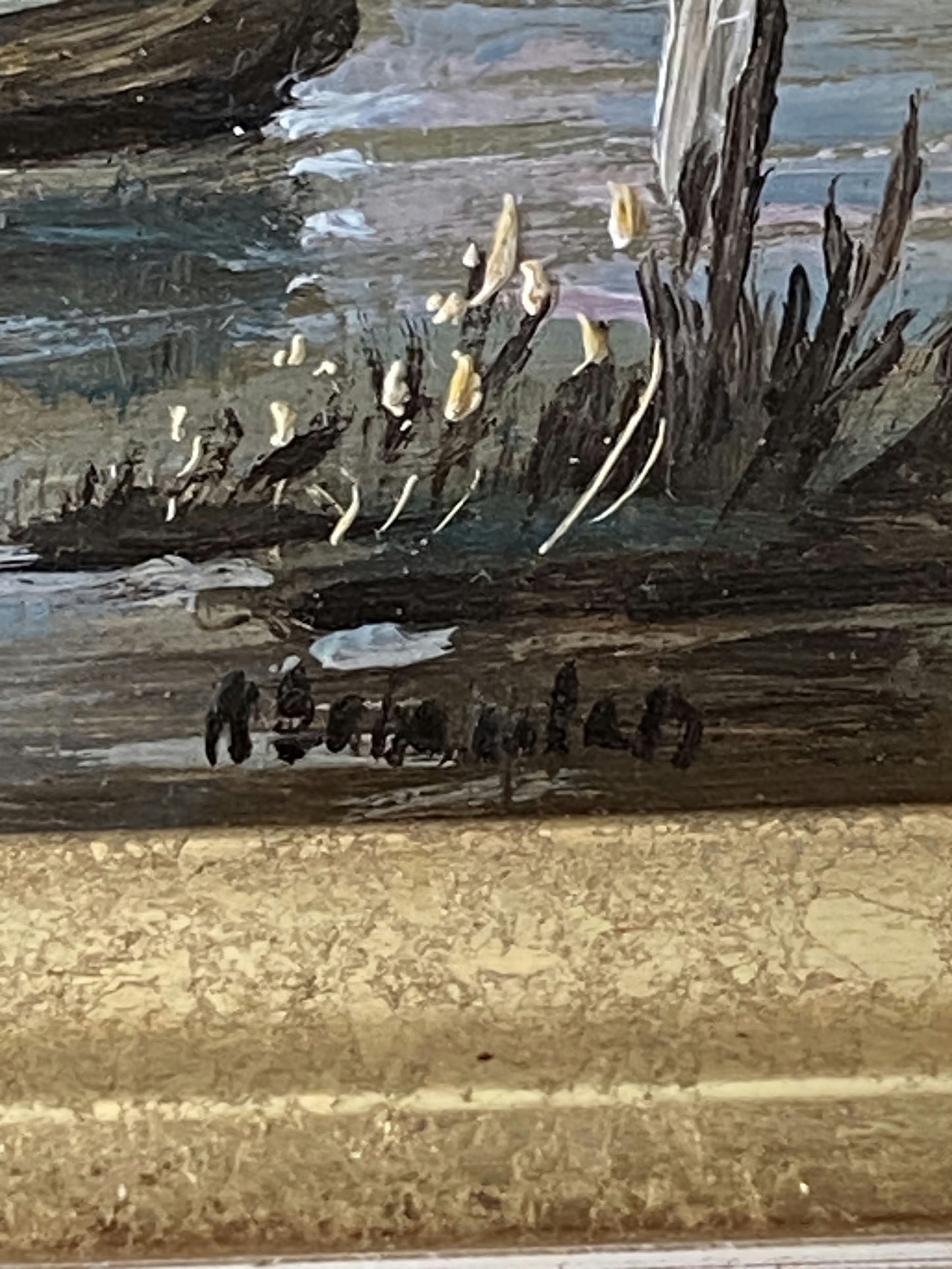 20th Century Vintage Dutch Village Riverside Boats Church Sky Oil Painting