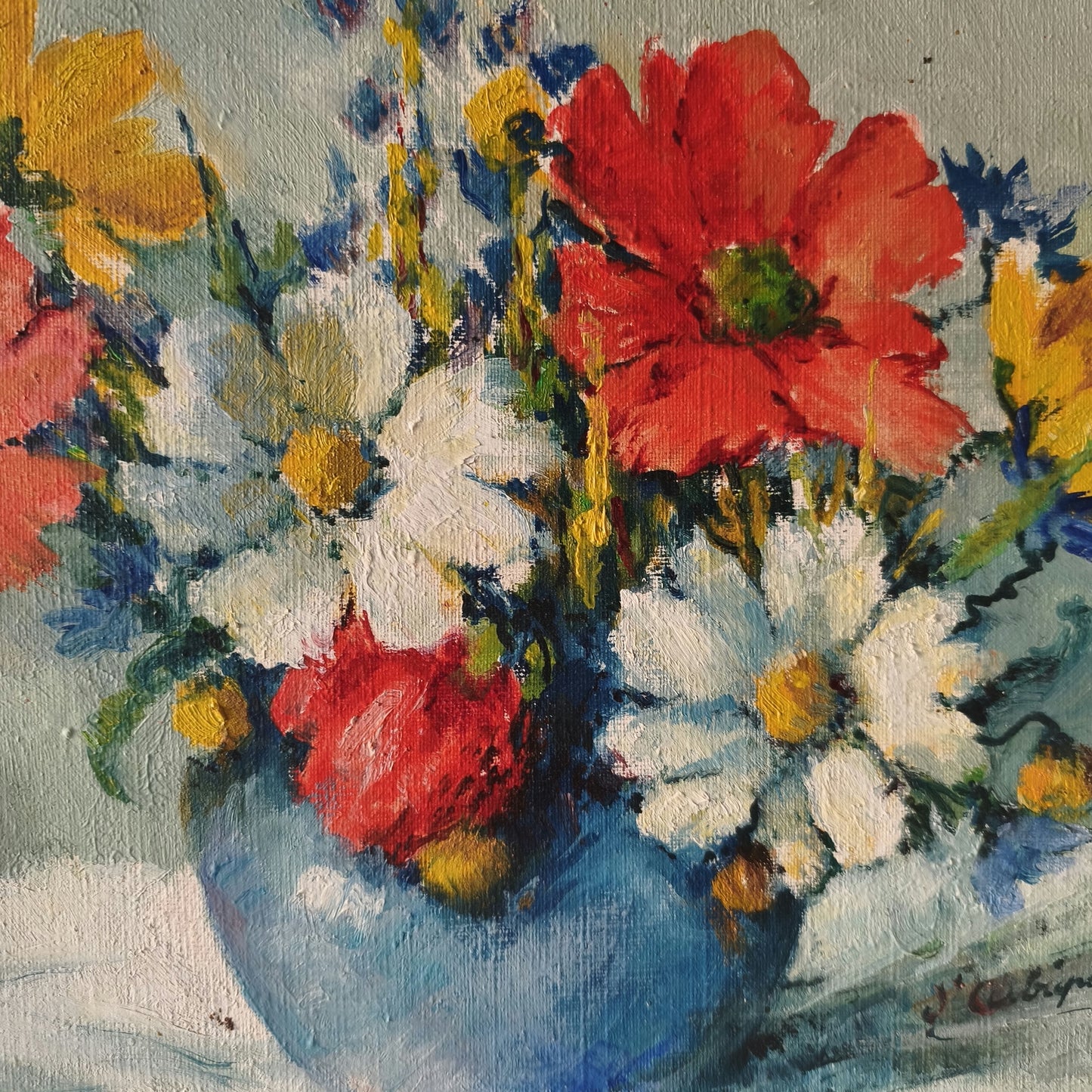 20th Century Blue Vase Red Yellow White Wildflowers Oil Painting Vintage