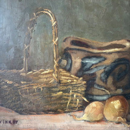 Timeless Still Life Oil Painting "Woven Basket" Handcrafted Small Artwork Holland Art Shop