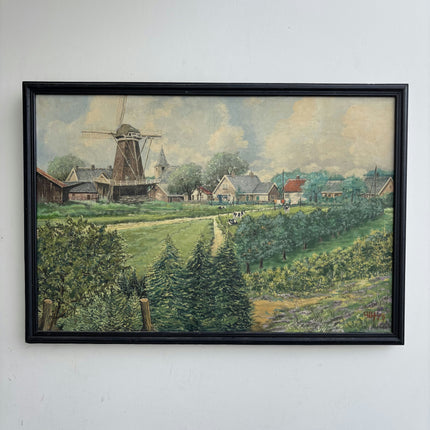Original Landscape Oil Painting "Village Windmill" Authentic Artwork Holland Art Shop