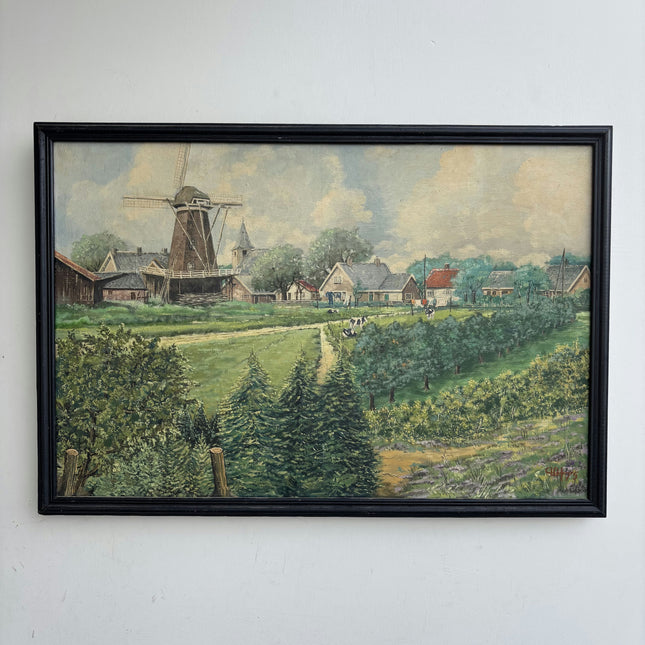 Original Landscape Oil Painting "Village Windmill" Authentic Artwork Holland Art Shop