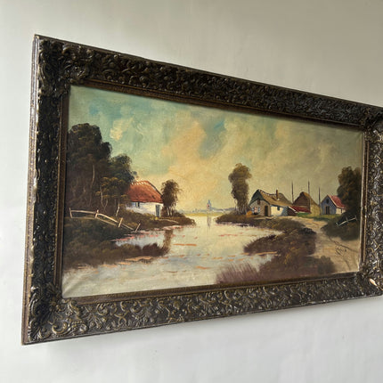Authentic Landscape Oil Painting "Riverside Cottages" Detailed Large Artwork Holland Art Shop