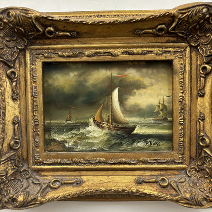 Antique Seascape Oil Painting "Sailing Boat" Original Small Art Holland Art Shop