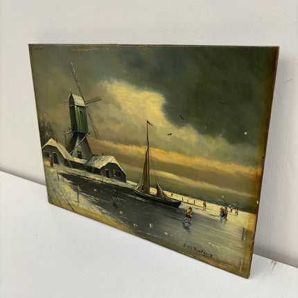 Rustic Winter Landscape Oil Painting "Green Windmill" Classic Small Art Holland Art Shop