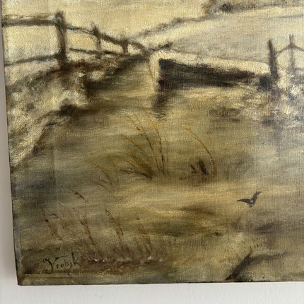 Vintage Landscape Oil Painting "Windmill Pair" Original Dutch Artwork Holland Art Shop