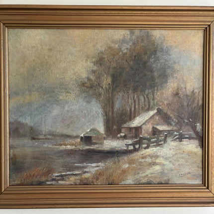 Vintage Winter Landscape Oil Painting "Snowy Barn" Elegant Art Holland Art Shop