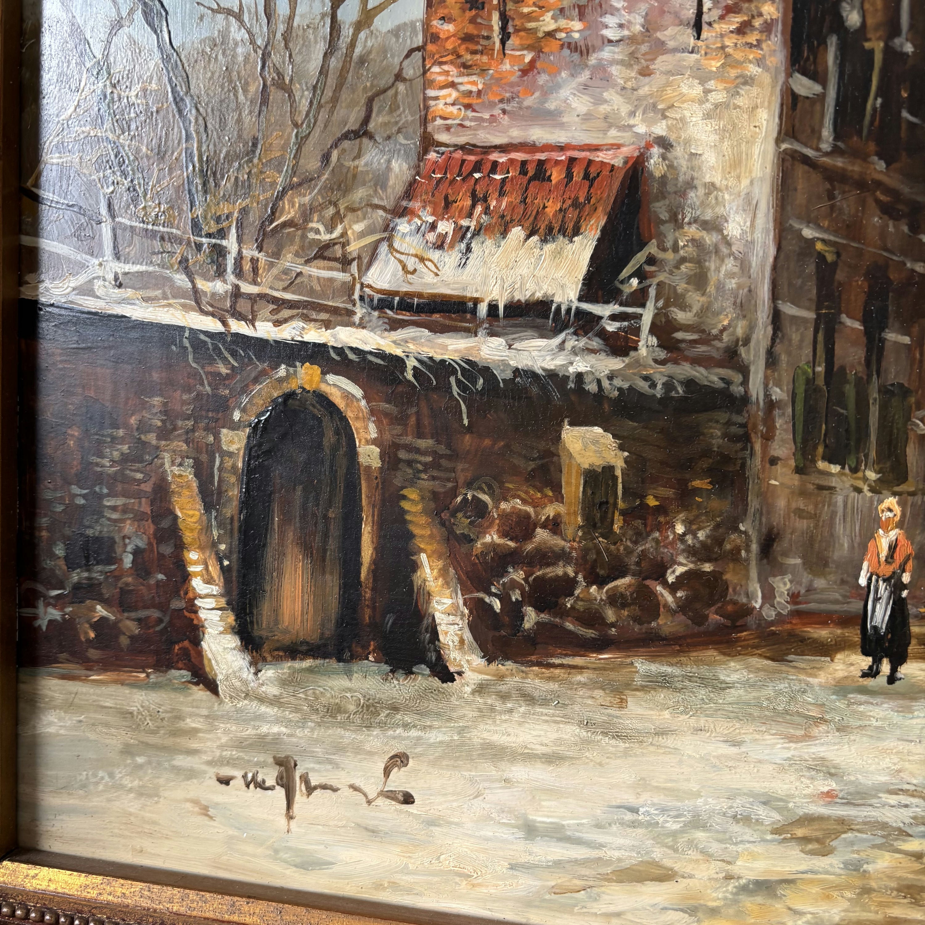 19th Century Antique Brick Building Snow Trees Skaters Oil Painting Authentic