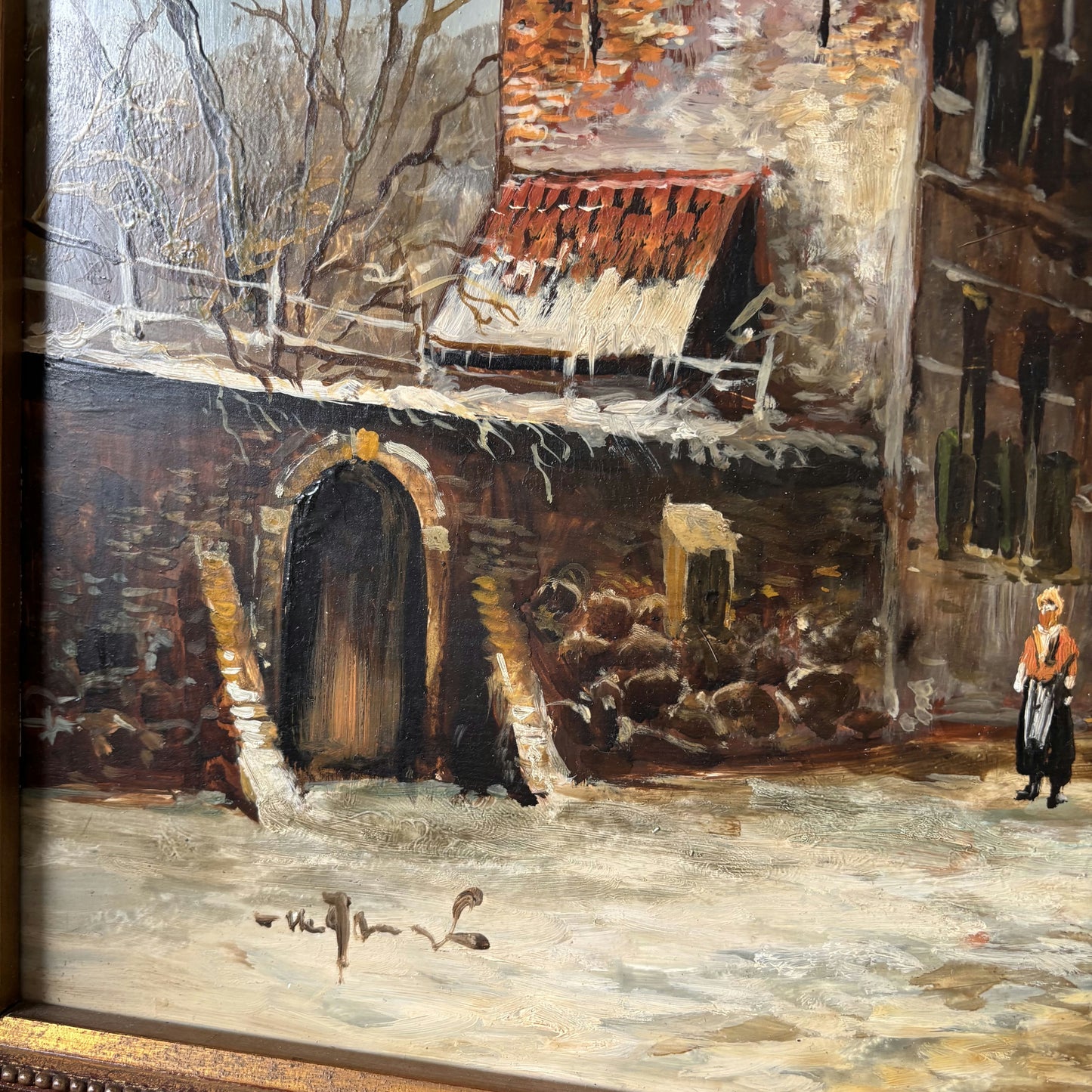 19th Century Antique Brick Building Snow Trees Skaters Oil Painting Authentic