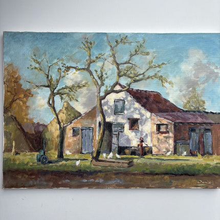Detailed Farm Oil Painting "White Cottage" Original Art Holland Art Shop