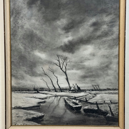 Original Landscape Drawing "Rowboat Alone" Refined Artwork Holland Art Shop