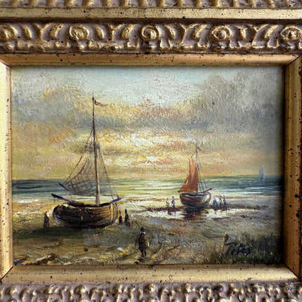 Vintage Seascape Oil Painting "Gilded Frame" Rustic Small Artwork Holland Art Shop