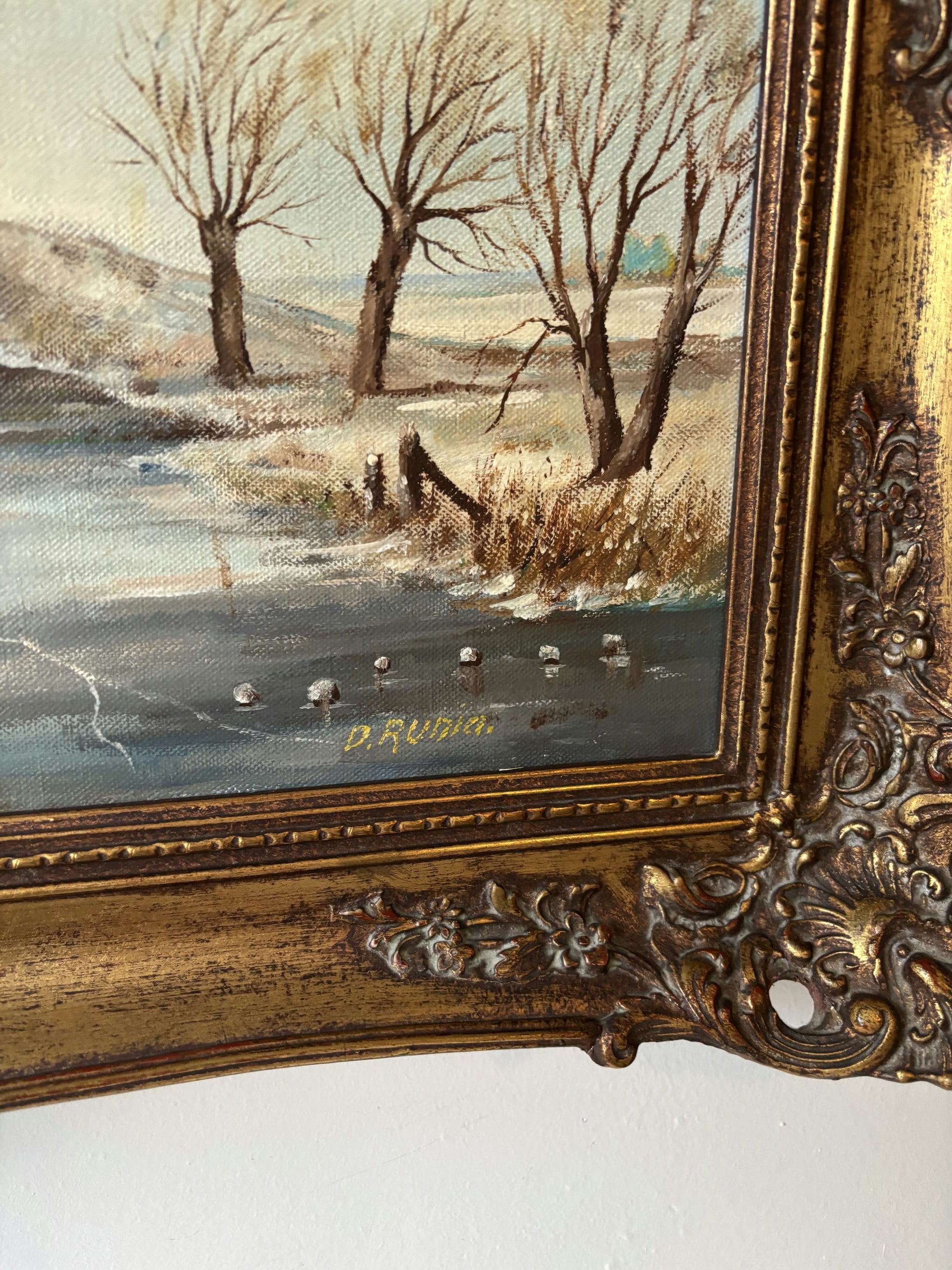 20th Century Riverside Winter Village Trees Bridge Oil Painting Vintage