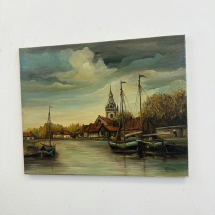 Handcrafted Harbor Scene Oil Painting "Mooring Boats" Rustic Art Holland Art Shop