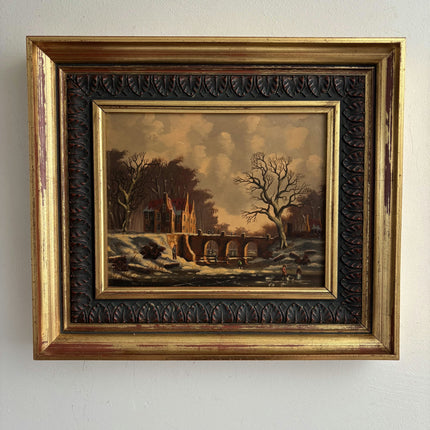 Traditional Oil Painting Scenery "Snowy Bridge" Antique Small Artwork