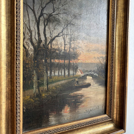 19th Century Antique Landscape Oil Painting "River Boat" Dutch Artwork Holland Art Shop